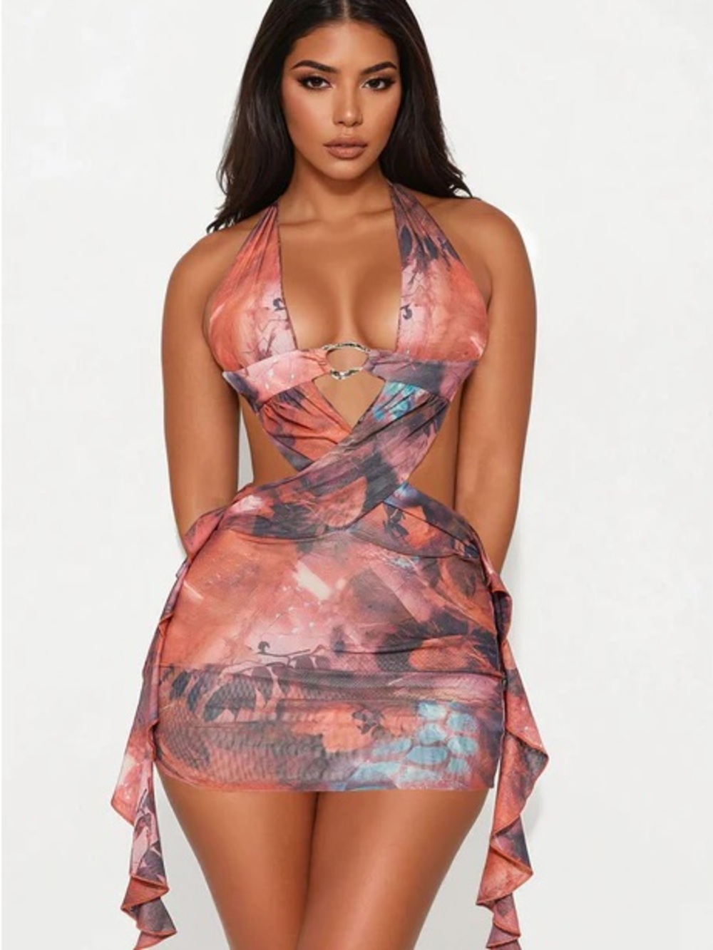 Fashion Nova Coral Multi Print Halter Cutout Mini Dress - Picture 2 of 3